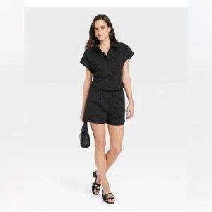 a new day Black Two-Piece Eyelet Set - Button Crop Top & Shorts